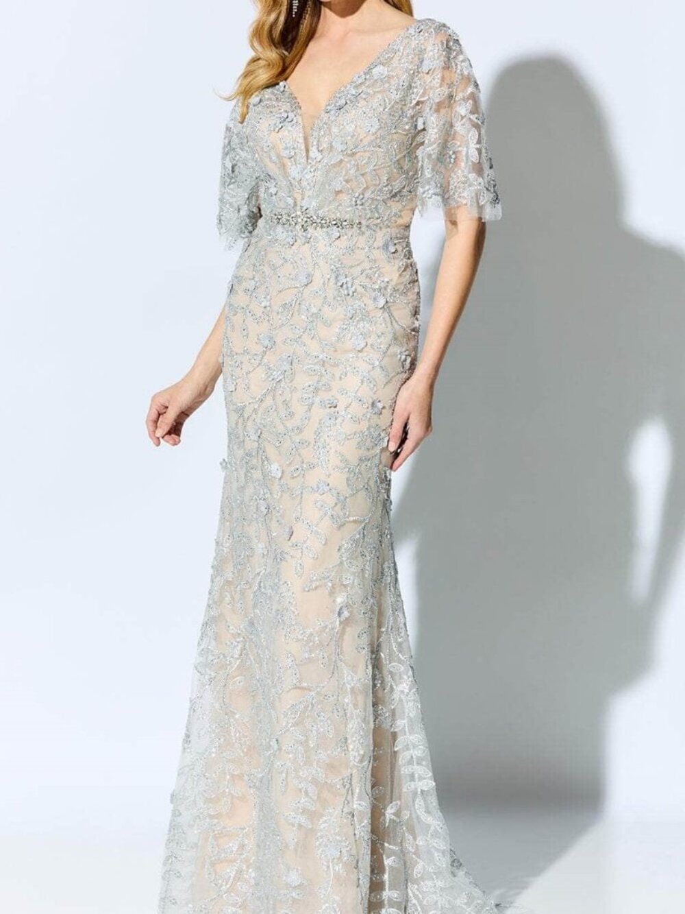 NWT Ivonne D ID905 Lace Mother of the Bride Dress Silver/Nude Size 10